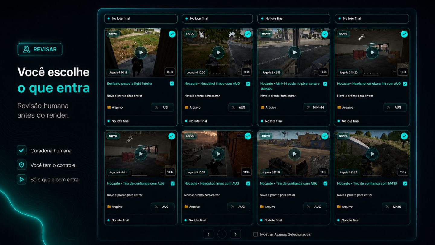 Tela real do MR Clips com momentos sugeridos para revisão